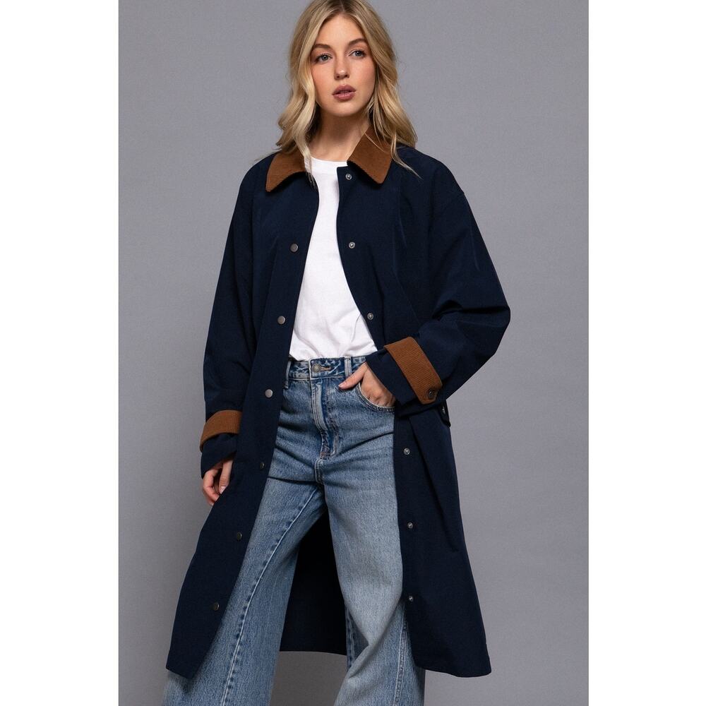 Size Small Navy Contrast Collar Button Down Long Trench Coat